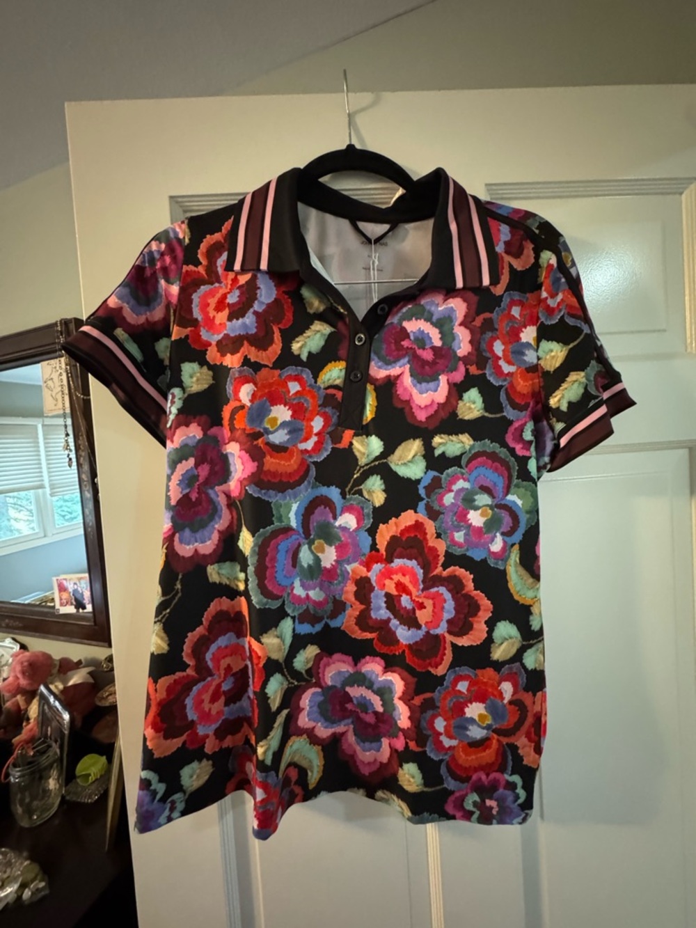 Johnny Was Black Floral Button-Down Polo with Multicolor Blooms Large NWT $165